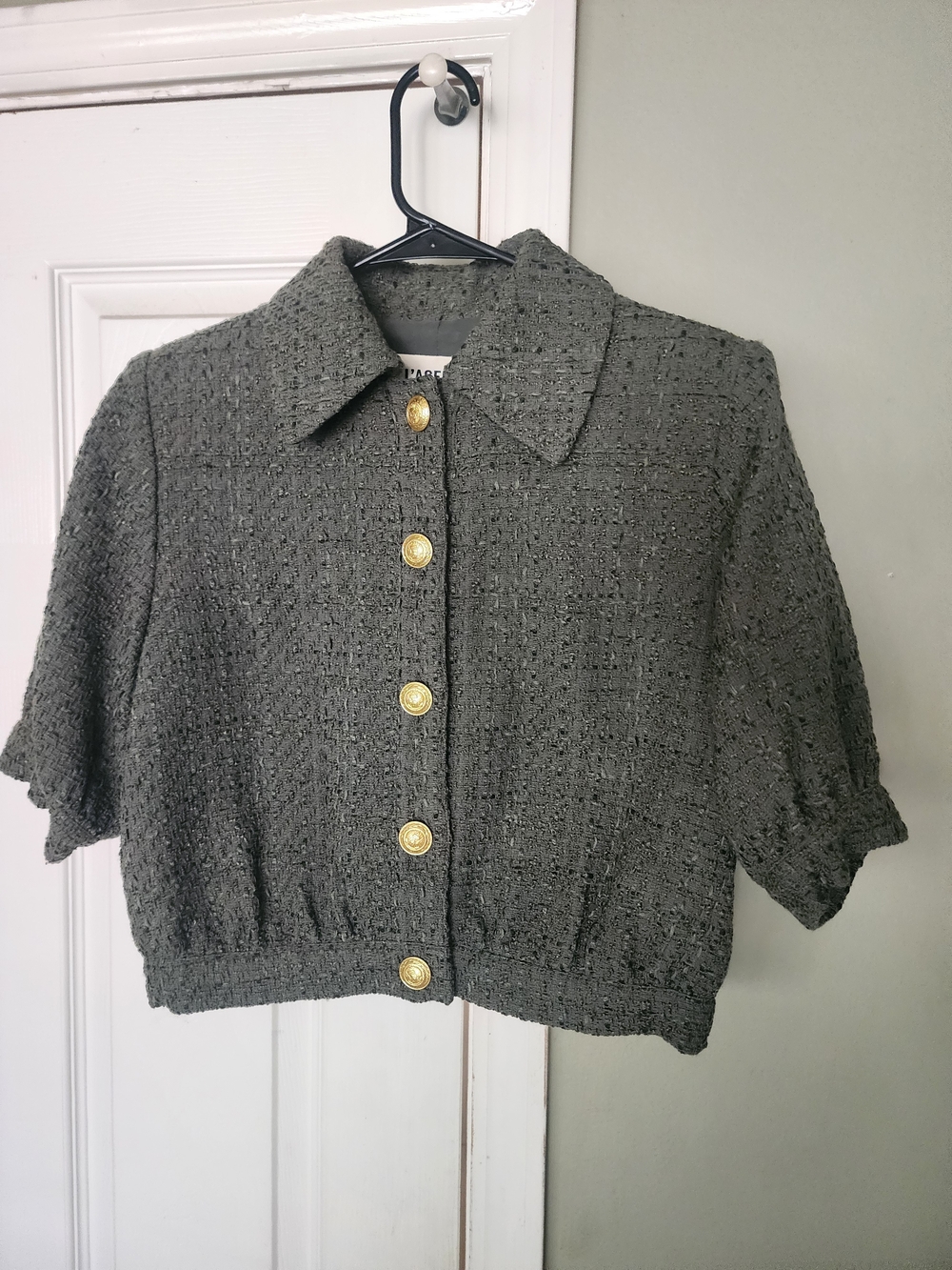 L'AGENCE Military Green Tweed Cropped Jacket with Gold Buttons